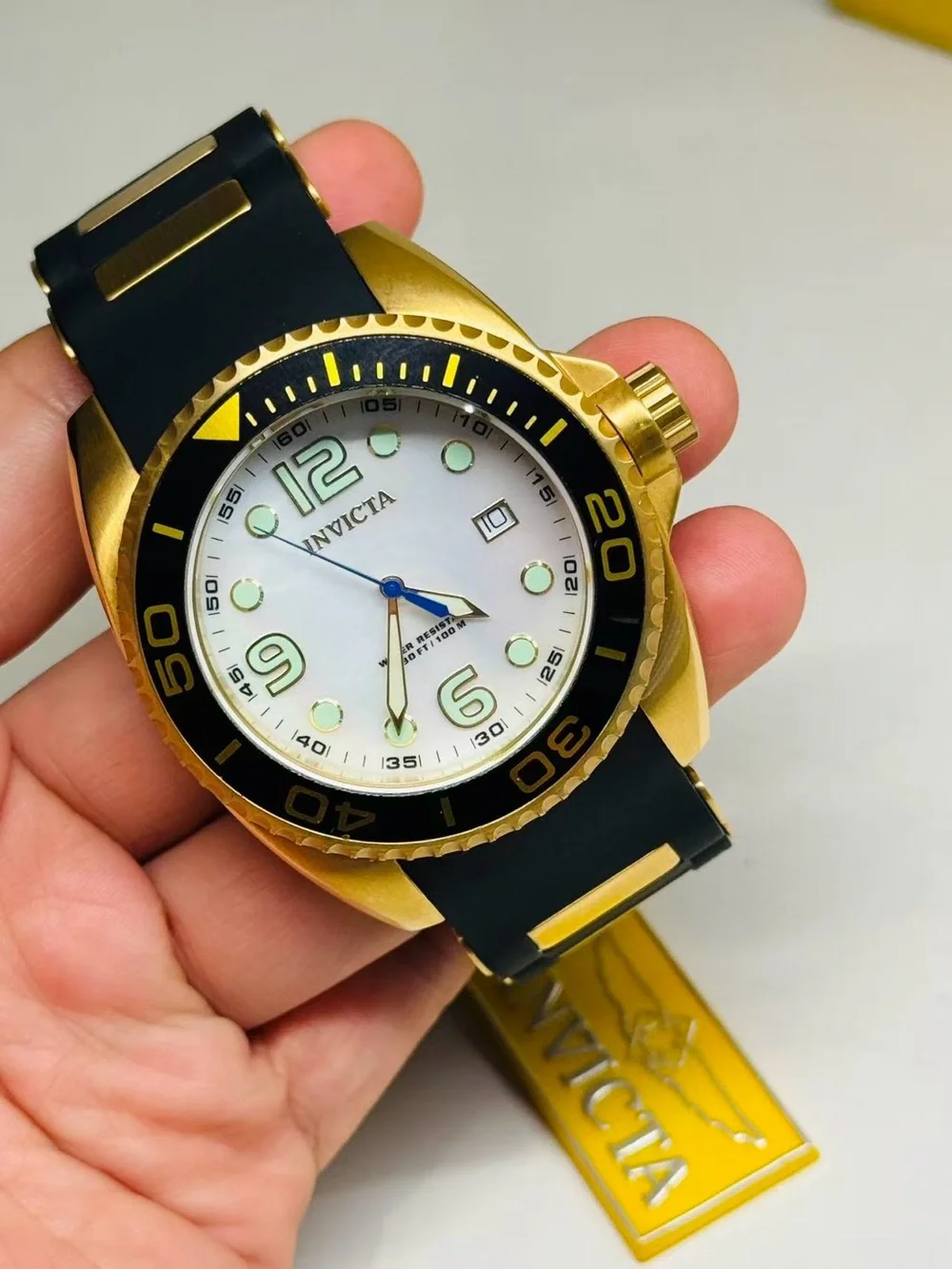 Invicta Pro Diver Gold Tone 44mm Quartz Watch MOP Dial Black Strap New In Box